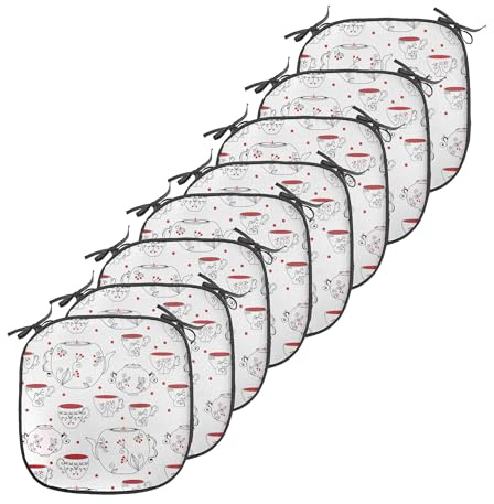 Ambesonne Tea Party Chair Seating Cushion Set of 8, Doodle Style Crockery Illustration of Floral Patterned Kettles and Cups, Anti-Slip Seat Padding for Kitchen & Patio, 16x16, Red Black White