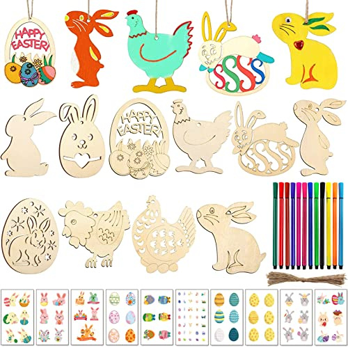 Ourdort 50 Piezas Adornos Colgantes de Madera de Pascua, DIY Colgante Pascua Madera, Manualidades de Madera de Pascua, Adornos de Madera con 12 Lápices de Colores y 10 Pegatinas Para Niños