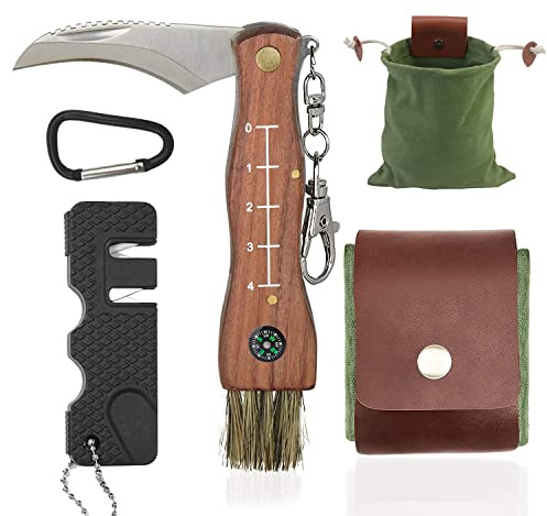 Mushroom Knife with Brush and Foraging Bag Kit, Folding Gardening Knives for Pruning, Foraging Knife with Belt Pouch & Sharpener, Harvest knifes for Outdoor Camping Hunting