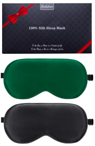 BeeVines Sovmask, 2-pack 100% äkta, Naturligt, rent silkesögonmask för sömn, viktad ögonmask med justerbart band, ögonbindel för sömn, blockerar ljus, skugga för ögonen (06 Svart & Smaragdgrön)