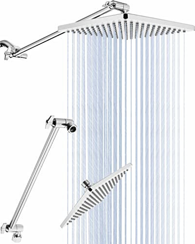 Singing Rain 8'' Rain Shower Head With 15'' Extension Arm - Large Surface Fixed Square Head - Extra Long Height and Angle Adjustable Arm - Ultimate Shower Experience