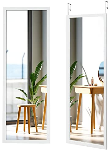 RELAX4LIFE Rechteckiger Wandspiegel, Türspiegel mit Holzrahmen, Hängespiegel mit Höhenverstellbaren Hängehaken, Ankleidespiegel für Schlafzimmer Wohnzimmer Eingangsbereich Diele Flur (Weiß)