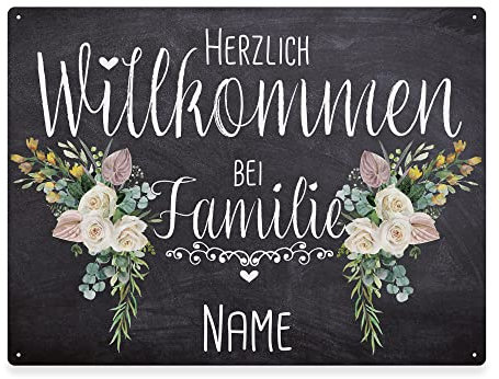 PR Print Royal Haustürschild mit Name - Herzlich Willkommen bei Familie - Metallschild mit Familienname Personalisieren, Outdoorschild aus Aluminium | Wetterfest, Blumen-Motiv, 21x15 cm