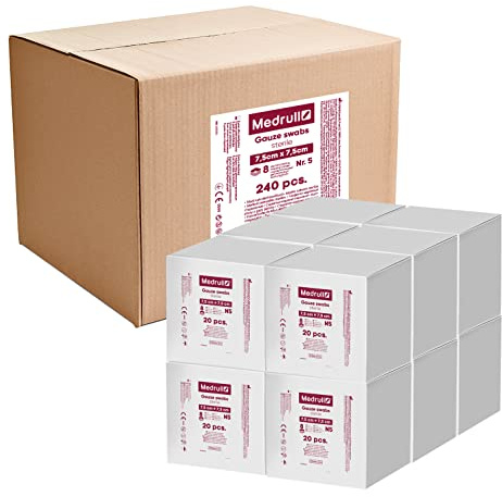 Medrull Gauze Swabs Sterile 7.5 cm x 7.5 cm Non-Adhesive Wound Dressings Pack of 1200 Extra Absorbent 8-Ply Packed 5 x 20 x 12 Boxes