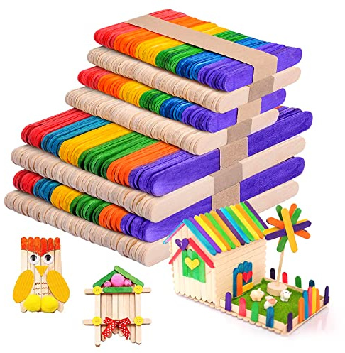 KERANEET 400 Stück Eisstiele Holz Bunte Holzstäbe zum Basteln Eisstäbchen Holz Eisstiele zum Basteln Easy Sticks Breit für Eiscreme Wohnkultur DIY Handwerk Bastelarbeiten