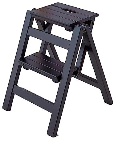 KOSTING Multifunctional Portable Wooden Folding 2 Step Ladder Stool Ladder Chair Non-slip Compact Milti-fuction Safety Household Small Foot Stools Stairs Chair for Home Library (Color : Black Walnut)