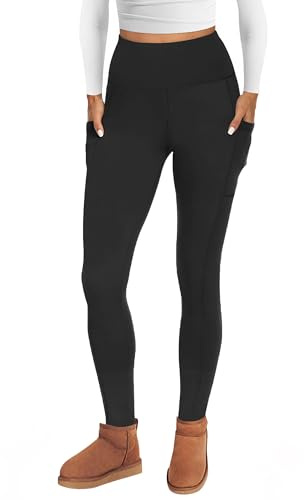 AMIYOYO Thermal Leggings Women with Pockets High Waist Fleece Lined Leggings Warm Winter Fur Yoga Pants Tummy Control Trousers Soft Stretchy Tights Workout Yoga Gym Running Black
