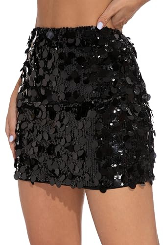 GUANYY Women's Sequin Skirt High Waisted Sparkly Stretchy Shiny Glitter Sexy Mini Skirts Party Club Black Medium