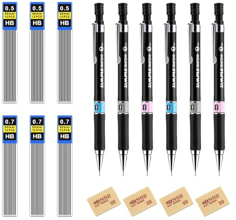 RYAN 6 Pezzi Matita Meccanica e 12 Bastoncini 0.7/0.5 mm Ricarica Micro Carbon Resistente Alla Rottura Matita Meccanica Set per Casa Scuola Ufficio Abbozzo di Disegno Scrittura