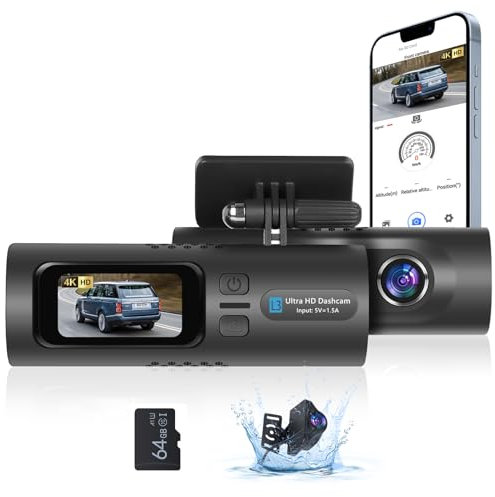 podofo Dash Cam, 4K HD Mini Frontkamera für Auto mit Schleifenaufzeichnung, Nachtsicht, G-Sensor, 24H Parkmodus, WiFi APP, 64G Karte + Rückfahrkamera
