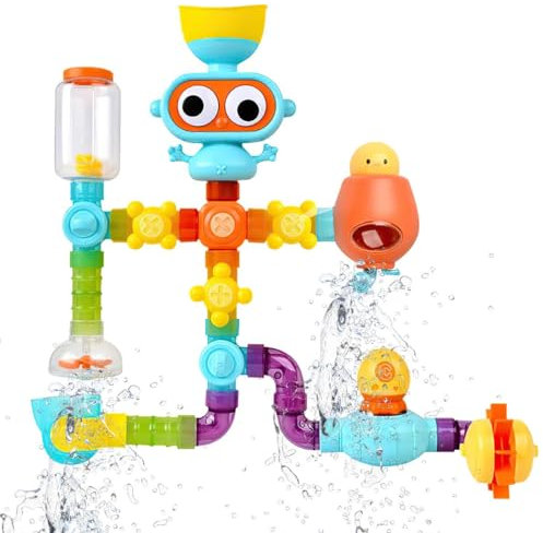 Xwin Kids Bath Toys Water Pipe Building Set - Shower Pipes with Strong Suction Cups, Waterwheel, Rocket Launcher, Water Works STEM Toy for Toddlers Aged 3+ Years