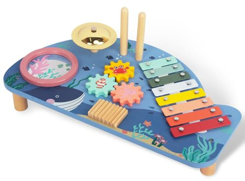 WOODENFUN Kinder Xylophon Set Musikspielzeug Kinderspielzeug Kinder Trommel Set Holz Montessori Spielzeug Ozeanmuster Musiktisch Holz Baby 3 Jahr