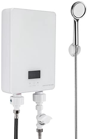 Elektrisch Warmwasser Durchlauferhitzer Sofort Warmwasserbereiter mit Duschkopf LED Panel 6KW 230V 50HZ für Badezimmer Küche,Multi-Schutz, 28 * 19 * 6.5cm (Weiß)