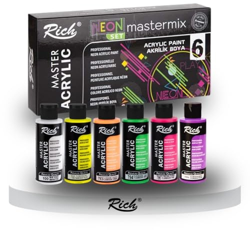 Rich Mastermix Acrylfarben Neon Set, 6x60 ml, Leuchtende Neonfarben, Fluoreszierend, Schwarzlicht Aktiv, Glow in the Dark, Ideal für Basteln, Malen, DIY, Kunst & Dekoration