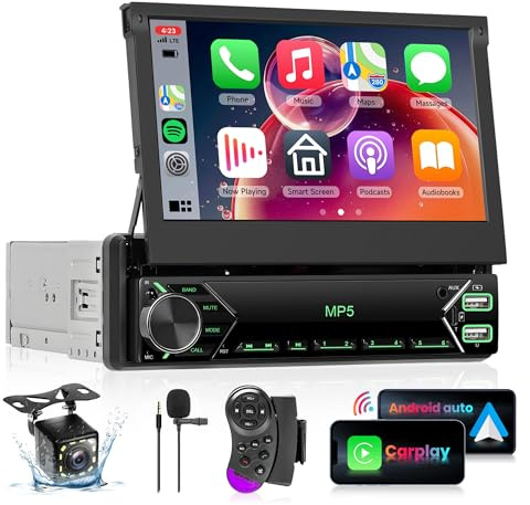 Rimoody Radio de Coche 1 DIN Wireless Carplay Android Auto 7 Pulgadas Manualmente Retráctil Pantalla Radio Coche con Android Auto Bluetooth Mirror Link, FM/EQ Radio U-Disk/USB/AUX Cámara Trasera