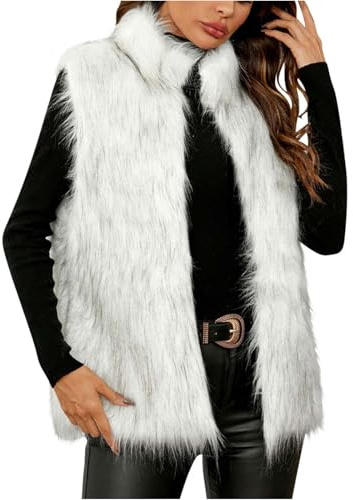 Dyhxuan Chaleco de piel sintética para mujer, elegante, cuello alto, chaleco de piel, cálido, sin mangas, chaqueta de invierno, chaleco de piel de otoño, chaleco de peluche, chaleco de peluche