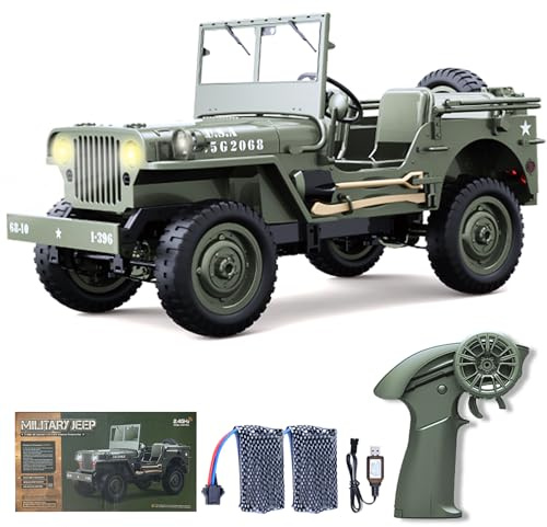 Kodbiby 1/10 Scale Military Truck RC Car, 4WD Off Road LED Lights, 2.4GHz 4WD RC Crawler, 45° Climbing, 2 Rechargeable Batteries, Green