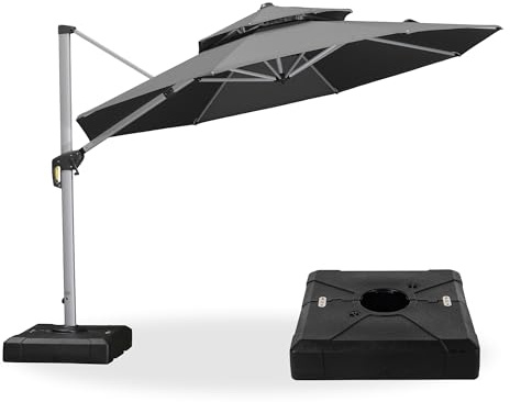 PURPLE LEAF Ampelschirm Rund 330 cm mit Ständer, Bespannung Polyester, Grau | 6-fach Verstellbar, Sanfte 360°-Drehung, Schirmständer, Doppeldach-Belüftung, Stabiler Rostfreier Alurahmen, Ampelschirm