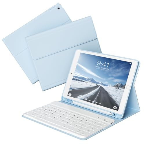 KVTVOU Keyboard Case for iPad 9th/8th/7th Generation 10.2 Inch 2021/2020/2019 with Pencil Holder, Detachable Wireless Bluetooth Keyboard, Soft TPU Back, Stand Folio Cover, Sky Blue