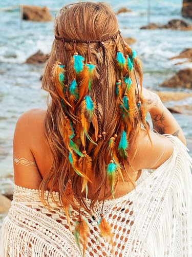 Zoestar Boho Feder Stirnband Federn Quaste Hippie Stirnbänder Indianer Tribal Kopfschmuck Festival Kostüm Haarschmuck für Frauen