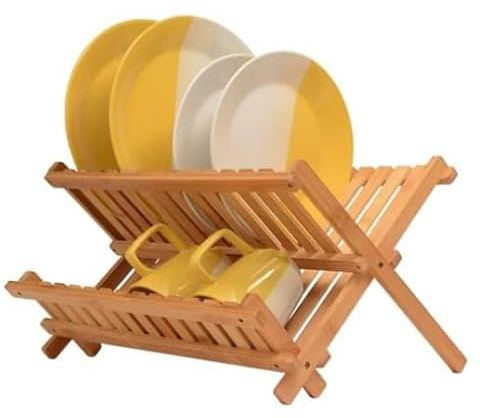 CABLEPELADO - Portaplatos de Bambú 40x30 cm | Capacidad 32 Platos | Escurreplatos Plegable | Secaplatos de Madera Natural | Organizador de Cocina