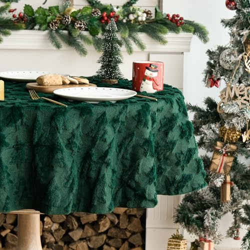 Artoid Mode Weich Künstliche Pelz Grün Kiefern Bäume Weihnachten Tischdecke Rund 140 cm, Winter Xmas Plüsch Tischwäsche Wohnzimmer Dekoration Party
