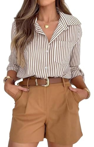 Blouses for Women UK Elegant Striped Button Down Shirts Casual Long Sleeve Lapel Neck Tops Ladies Elegant Office Work Tunic Blouses UK 01-Khaki L
