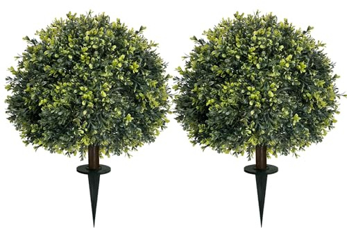 2 Pack 24 Artificial Boxwood Topiary Ball Trees with Ground Spike,Artificial Plants Outdoor,Fake Bushes & Shrubs for Porch, Garden, Front Porch Decor - Indoor/Outdoor Faux Plants