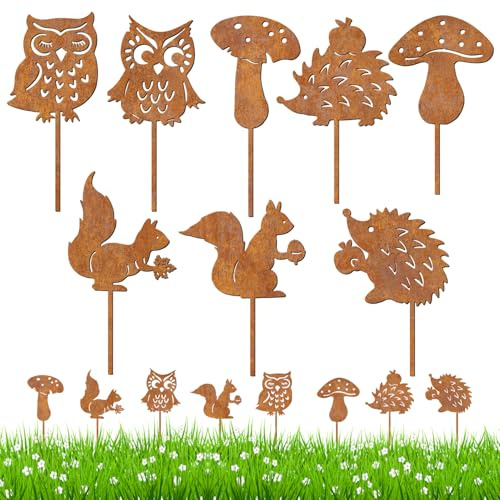 Dog's Booty Lot de 8 piquets de jardin en métal rouillé - Décoration d'automne - Hibou - Hérisson - Champignon - Décoration de jardin pour pots de fleurs, balcon, cour, clôture, pelouse - Décoration