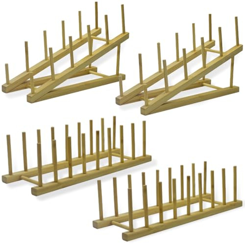4PCS Wooden Dish Rack,8 Slots Bamboo Cupboards Rack Multifunctional Dish Stand Drainers,Dish Drying Rack Pot Lid Holder Kitchen Cabinet Storage Rack for Cups,Plates,Trays,Bowls,Cutting Boards,Books
