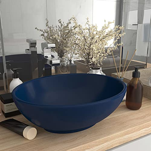 Vasque Ovale with Céramique, Design Luxueux, Finition Mate, Vasque à Poser Salle de Bain, Lavabo Salle de Bain, Meuble Vasque Salle de Bain, Bleu Foncé, 40 x 33 cm