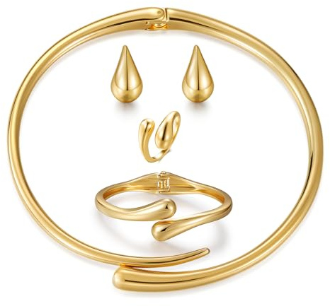 JEWELON 4 Pcs Chunky Gold Jewelry Set for Women, 14K Gold Plated Cuff Choker Collar Necklace, Gold Teardrop Drop Earrings, Teardrop Wrap Ring, Hinged Cuff Bangle Bracelets, Statement Fashion Jewelry