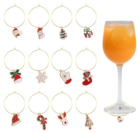 laveroar 12 Stück Glasmarkierer, Lustige Glas Markierung Trinkgläser mit Weihnachtsthema, Wiederverwendbar Markieren Weinglas Anhänger für Party, Wein, Cocktail, Champagner, Dekoration (Stil 2)