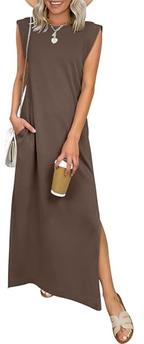 ANRABESS Women Summer Casual Sleeveless Maxi Dress 2026 Crewneck Loose Split Wrinkle-Free Beach Travel Vacation Long Sundress Brown Large