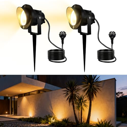 MOLVCE 10W LED Gartenstrahler mit Erdspieß, 22V Gartenstrahler LED Außen Warmweiß IP65 Wasserdicht, mit 1,5m Kabel und Stecker für Garten Rasen Baum Wiese, Schwarz, 2 Stück