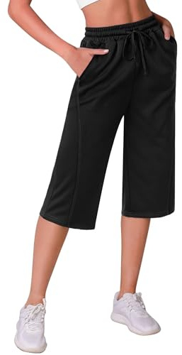 Crewhpo Pantalón Chándal Mujer 3/4 Capri Pantalones Deportivos con Cordón | Color Liso, Pierna Recta, Pernera Amplia, Bolsillos, Costuras Laterales, Tejido Transpirable, Yoga, Fitness, Verano