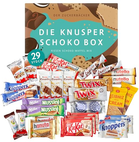 Schokoriegel Mix Geschenkbox - Knusper Schoko Box von Der Zuckerbäcker, 29 Schoko Riegel mit Kinder Bueno, Twix, KitKat, Knoppers, 796g Party Box für Geburtstag, Büro, Geschenk Süßigkeiten