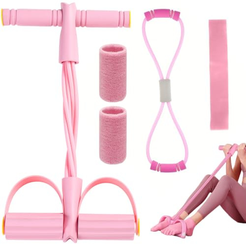 Sxingh Kit d'entraînement pour abdominaux - Rose - 6 tubes - Pédale - Corde de traction - Entraînement à domicile | Lot de 8 bandes de fitness pour entraînement complet du corps, abdominaux, jambes, dos, yoga et abdominaux à la maison