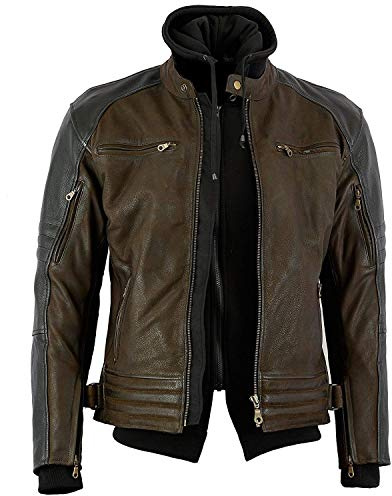 Bikers Gear Australia New Craig - Chaqueta de motocicleta de cuero encerado de nobuck de primera calidad con capucha extraíble, CE 1621-1, armadura extraíble de 5 piezas, marrón/negro, talla 2XL