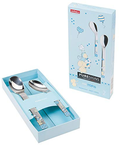 Puresigns ONE Topis blau Babybesteck Set 2 TLG mit Gravur, Besteck, Kinderbesteck mit Name graviert, Babylöffel, Geschenk zur Geburt Taufe Geburtstag