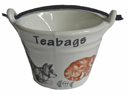 CrackInChina Cats and Kittens Teabag Tidy Bucket Shaped Small Porcelain Round Multi-colored Teabag Tidy