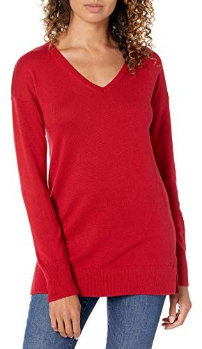 Amazon Essentials Pull Tunique Léger À Manches Longues Et Col En v (Disponible En Grande Taille) Femme, Rouge, M