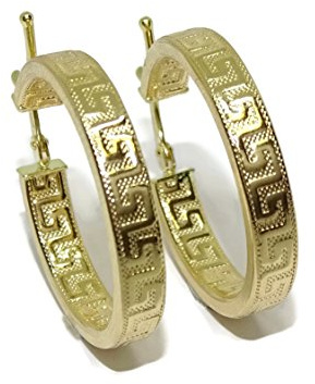 Creolen-Ohrringe aus 18-karätigem Gelbgold mit griechischem Muster, quadratischem Rohr, 4 mm und 2,2 cm Außendurchmesser, einfacher Klickverschluss, 2,00 g Gold