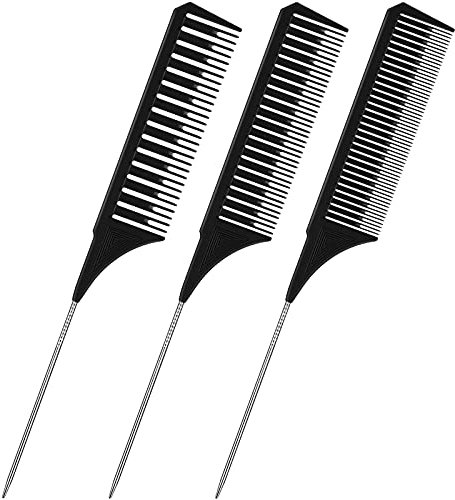 3-Piece Metal & Plastic Rat Tail Combs Set - Different Sizes, Foiling, Tail, Teasing & Weaving Combs for Men & Women's Hair Styling - Black