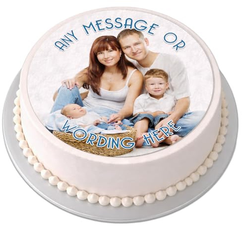 Personalised Photo Cake Topper - Your Own Image Skinny Text - Round Circle Edible Premium Icing Sheet, Upload Your Image & Message, Custom Birthday Cake Decoration, Any Size 4-7.5 Inch - Blue Text