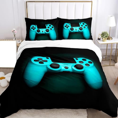 Juego de funda de edredón de microfibra para niños, funda de edredón y funda de almohada de 50 x 75 cm, diseño de mando de juego, efecto 3D, estilo E, 135 x 200 cm
