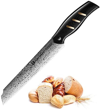 OREMAKE Sheepdog Couteau Pain Couteau Japonais Damas AUS-10 45 Étages Couteau Cuisine Dentelée Professionnel 8 Inch Couteau à Pain Tranchant Acier Inox,Couteaux à Gâteau avec Poignée G10