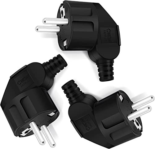 Schuko Stecker Winkelstecker 3 Stücke, Stromstecker Winkelstecker 230v, Schutzkontakt Stecker mit Knickschutztülle, Eurostecker für 8-10mm Kabel, IP20, Langlebig und Bruchfest, Schwarz