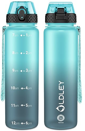 OLDLEY 1L/32oz Sports Water Bottle with Straw, 1000ml Motivational Drinks Bottle with Time Markings Leak Proof Drink & Lock Cover, BPA Free for Gym School Cycling Running Hiking