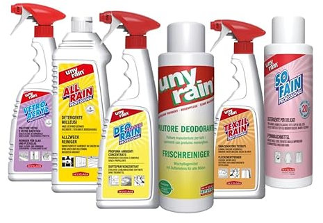 unyrain STARTER-SET Profi-Reinigungsmittel, 6x Reiniger – Cleaner für sämtliche Anforderungen des Alltags, Reinigung für Oberflächen, Glas, Böden, Textilien, Wäsche inkl. Raumduft